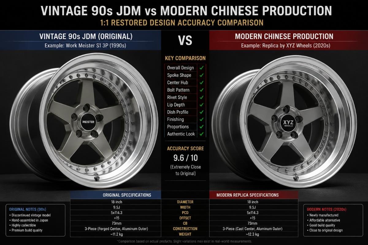 1:1 restored vintage JDM deep dish wheel design accuracy comparison A side by side comparison of a vintage 90s JDM deep dish wheel and a modern production unit from a Chinese manufacturer