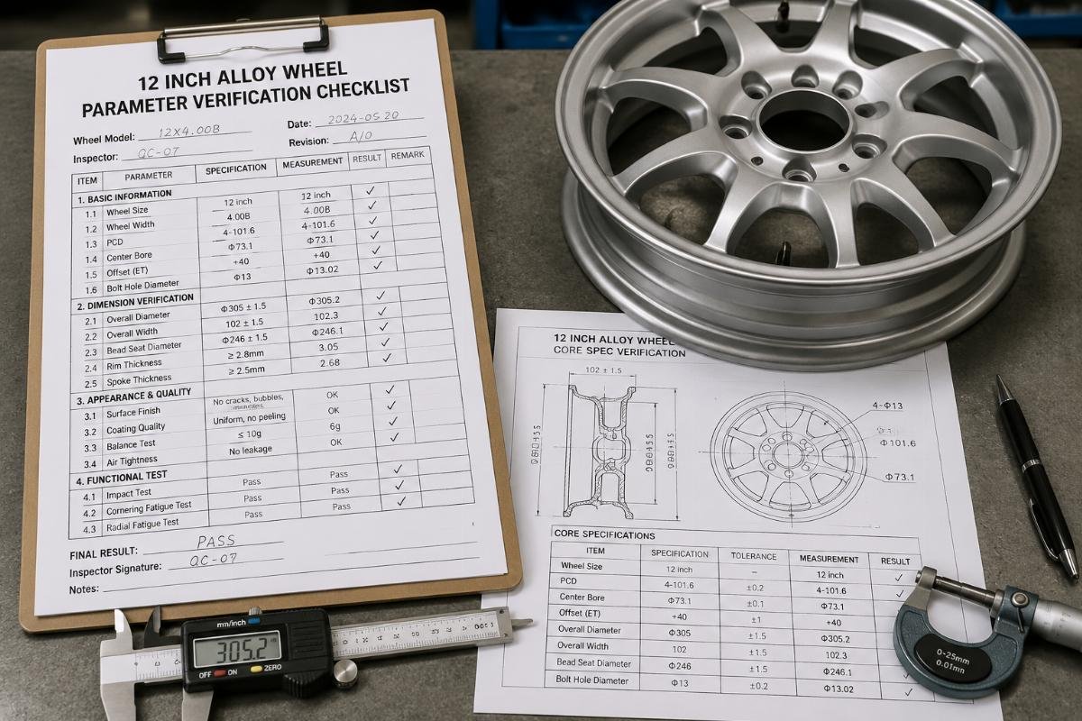12 inch alloy wheel core spec verification 12 inch alloy wheel parameter verification checklist laid out on a workshop table