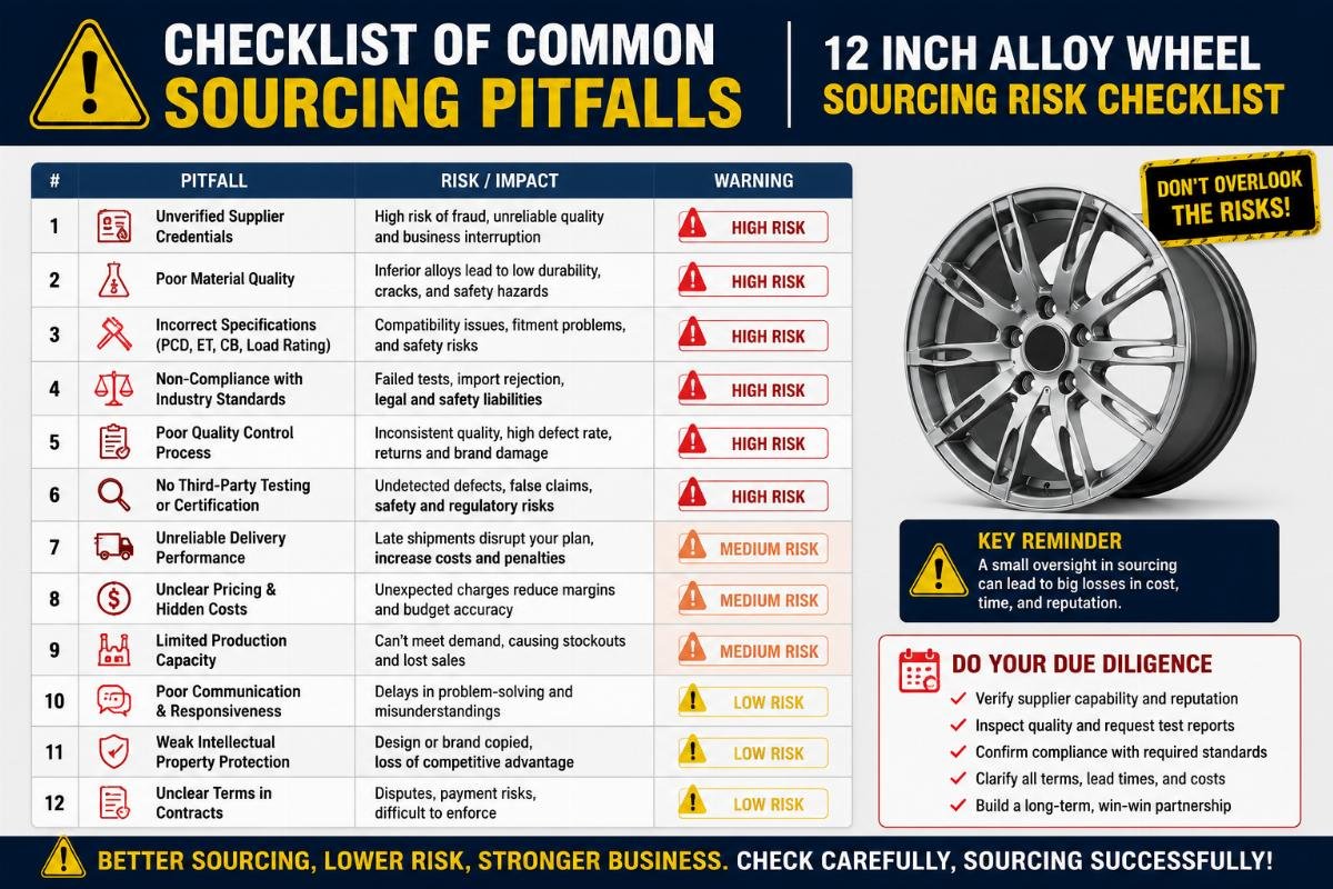 12 inch alloy wheel sourcing risk checklist Checklist of common sourcing pitfalls marked with warning labels