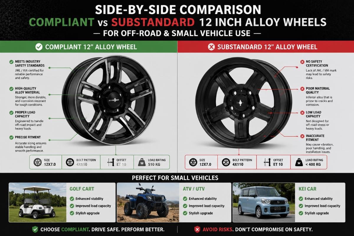 Side-by-side comparison of compliant and substandard 12 inch alloy wheels for off-road and small vehicle use