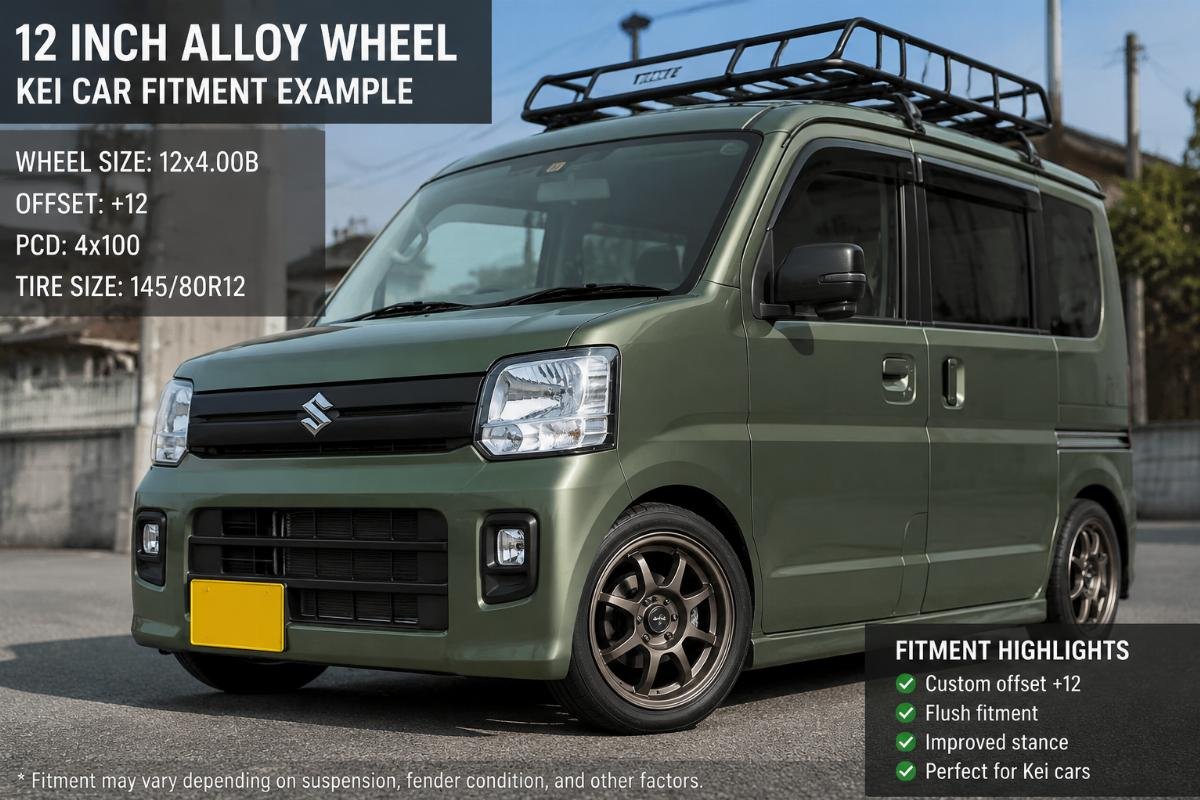 Custom offset 12 inch alloy wheel mounted on a Kei car
