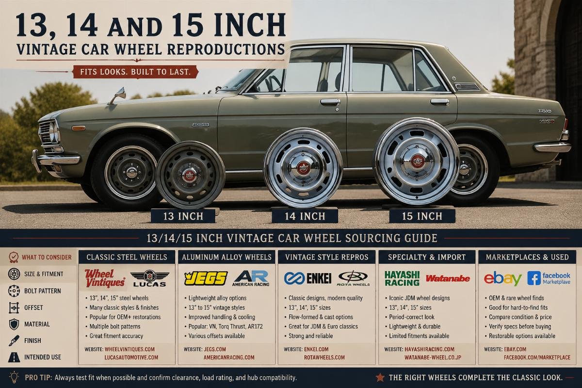 13, 14 and 15 inch vintage car wheel reproductions displayed on a classic sedan
