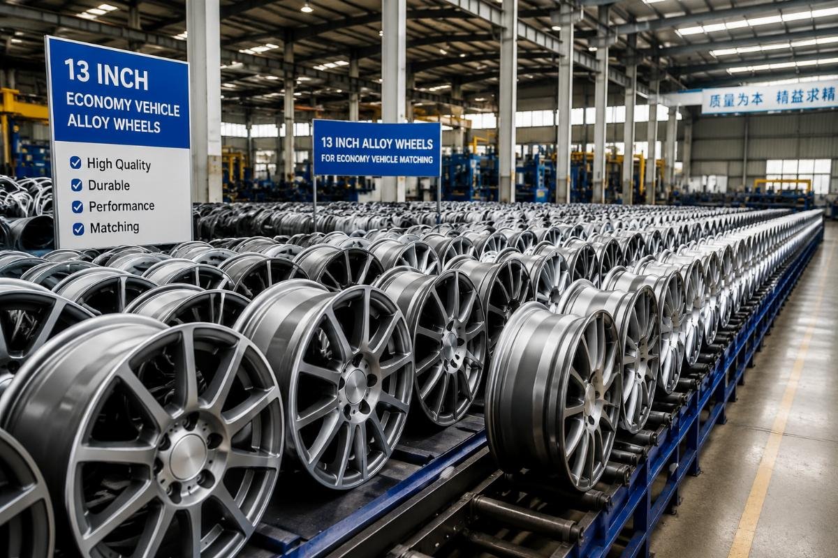 13 inch alloy wheels for economy vehicle matching Rows of 13 inch economy vehicle alloy wheels in a factory warehouse
