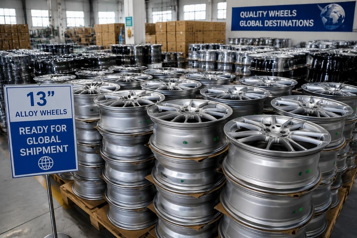 Stack of finished 13 inch alloy wheels arranged in a factory storage area