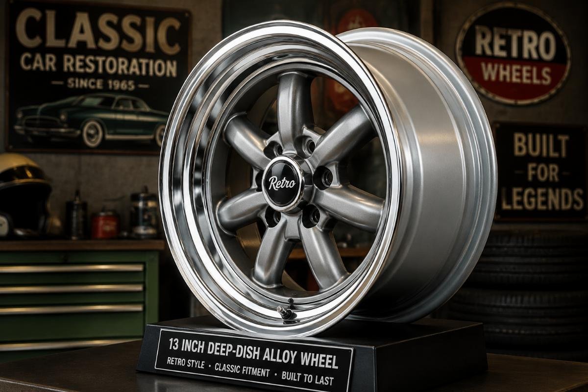 13 inch retro fitment wheel for classic car restoration Custom 13 inch deep-dish retro alloy wheel on display