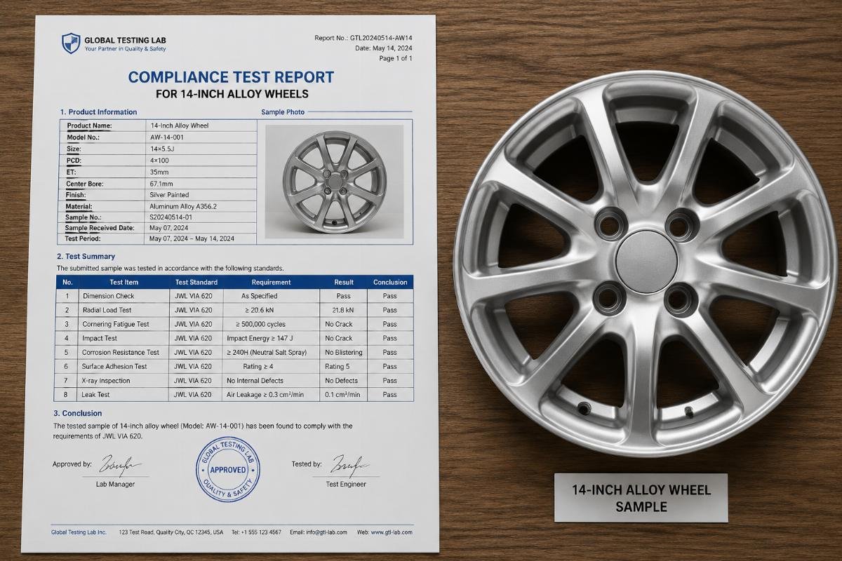 A compliance test report for 14-inch alloy wheels laid next to a sample wheel