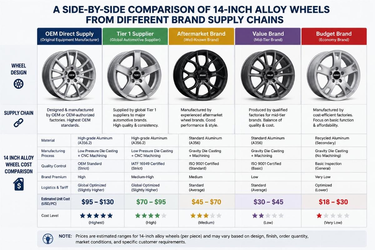 14 inch alloy wheel cost comparison A side-by-side comparison of 14-inch alloy wheels from different brand supply chains
