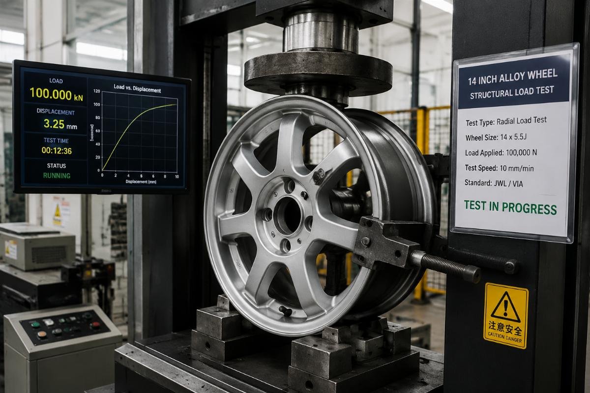 14 inch alloy wheel structural reliability test A structural load test being performed on a 14-inch alloy wheel