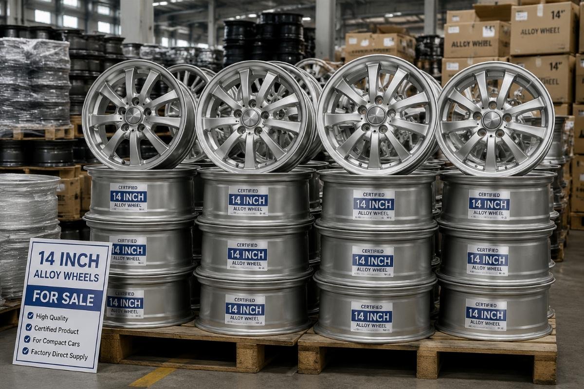14 inch alloy wheels for sale inventory A stack of certified 14-inch alloy wheels for compact cars stored in a factory warehouse