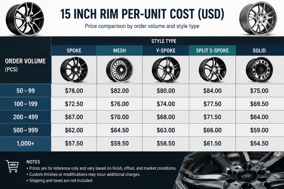 15 inch rim bulk order pricing breakdown Price comparison chart showing 15 inch rim per-unit cost by order volume and style type