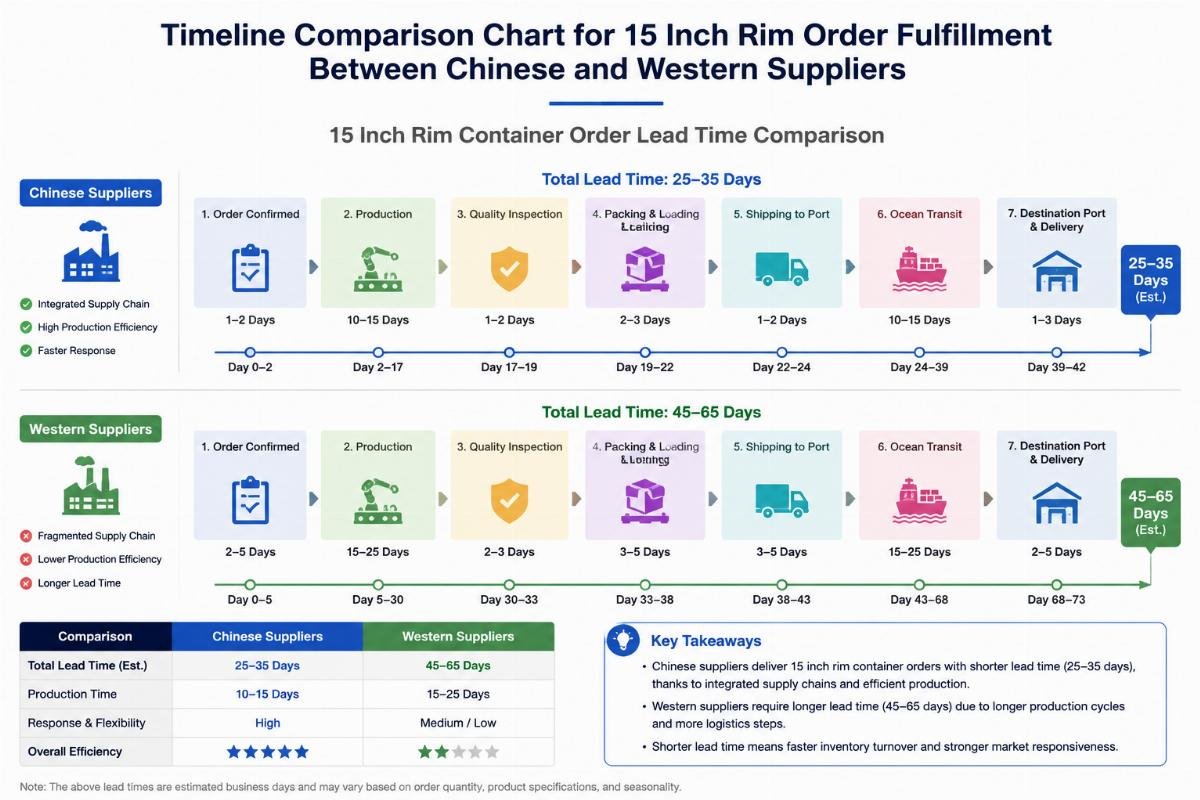 Timeline comparison chart for 15 inch rim order fulfillment between Chinese and western suppliers