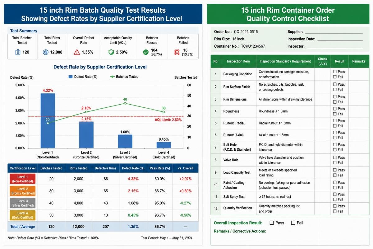 15 inch rim container order quality control checklist 15 inch rim batch quality test results showing defect rates by supplier certification level