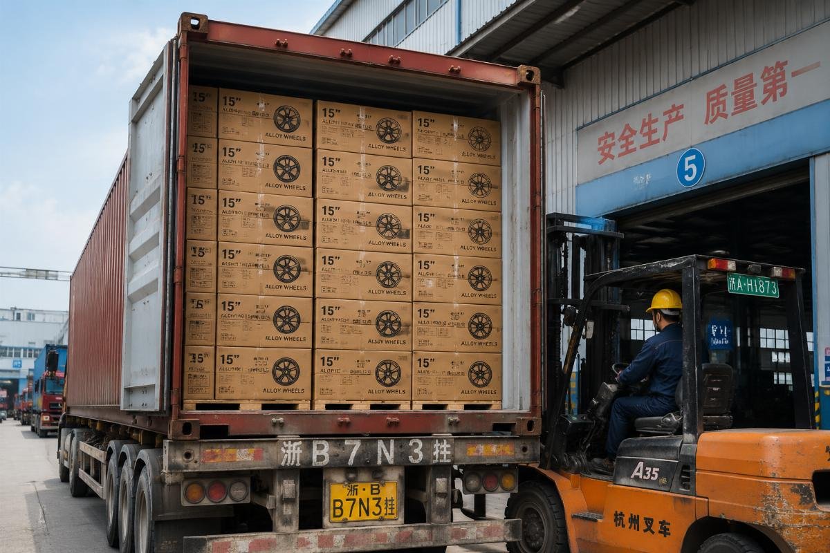 15 inch rims bulk order container loading Full container of 15 inch alloy rims staged at a Chinese factory loading dock