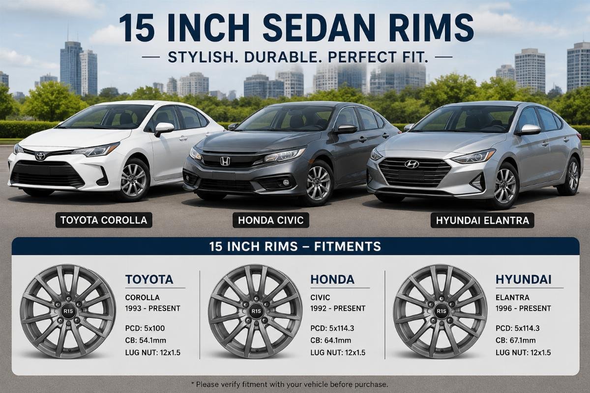 15 inch sedan rims displayed on Toyota Corolla, Honda Civic and Hyundai Elantra side by side