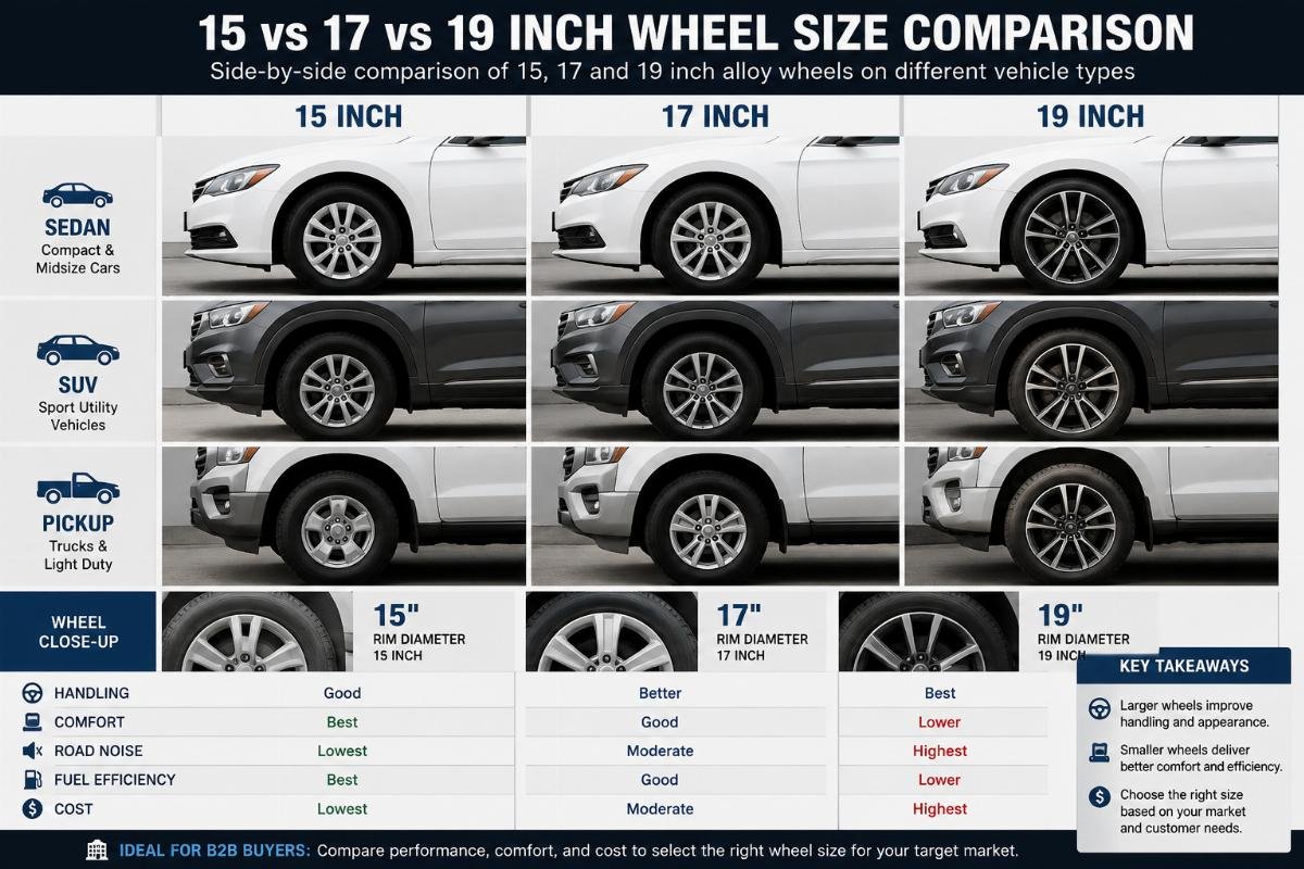 15 vs 17 vs 19 inch wheel size comparison for B2B buyers Side-by-side comparison of 15, 17 and 19 inch alloy wheels mounted on different vehicle types