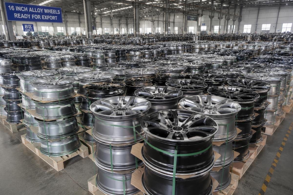 Stacked 16 inch alloy wheels in a factory warehouse ready for export