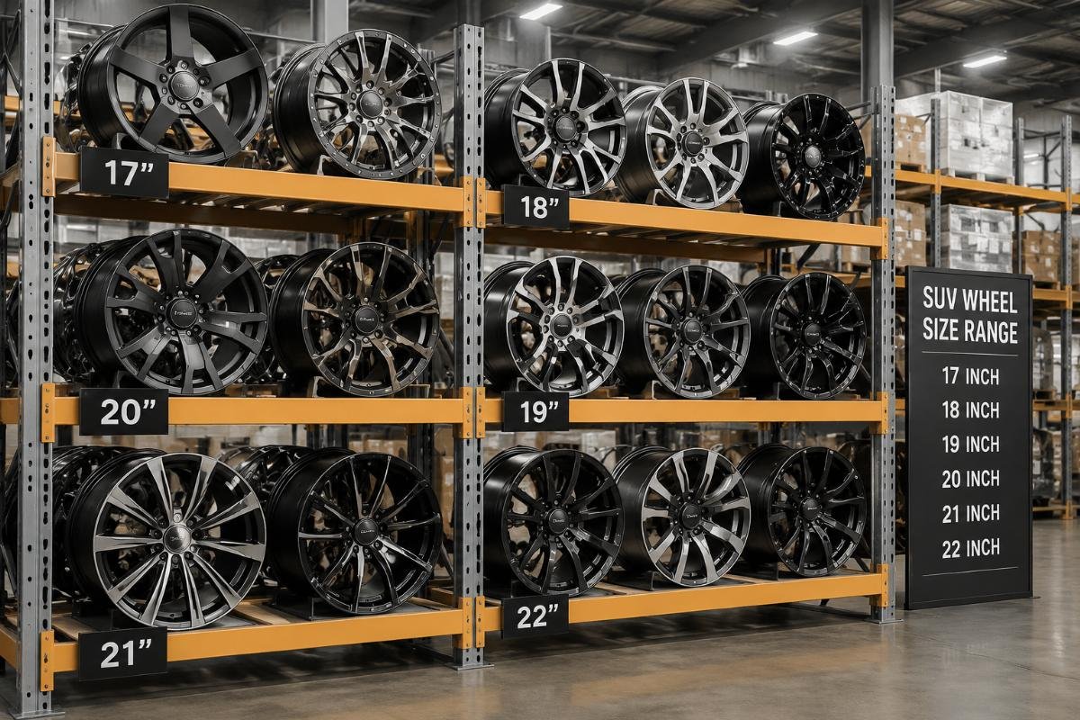 Heavy duty SUV alloy wheels displayed in a factory warehouse racking system