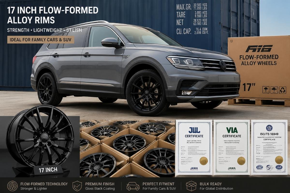 A set of glossy black 17 inch flow-formed alloy rims installed on a midsize family SUV, displayed next to a shipping container and certification documents
