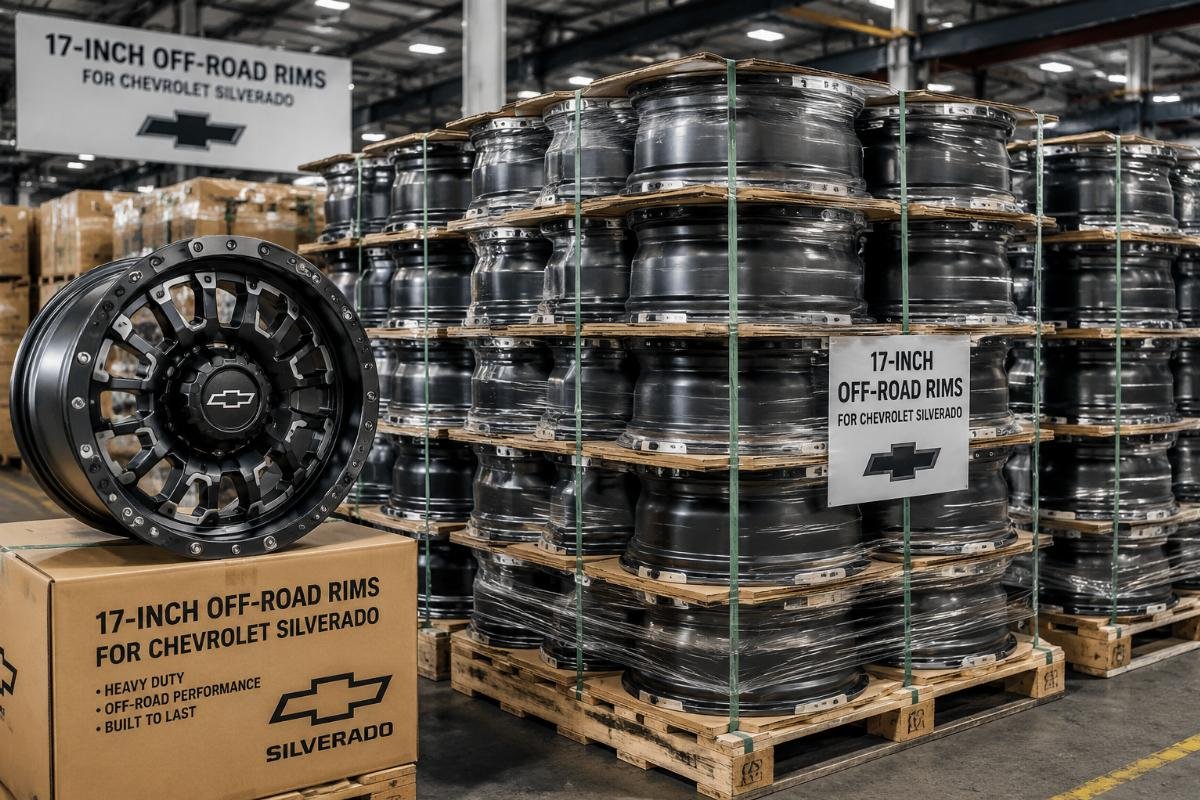 Heavy-duty 17-inch off-road rims stacked in a factory warehouse ready for shipping