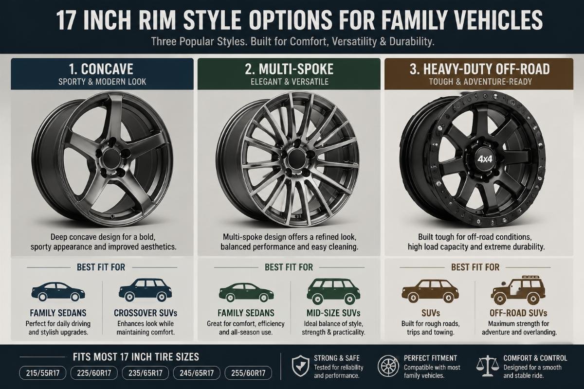 17 inch rim style options for family vehicles Three different 17 inch rim styles (concave, multi-spoke, heavy-duty off-road) arranged side by side with fitment labels for family sedans and SUVs