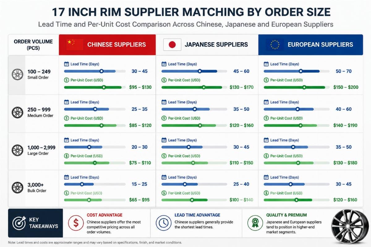 17 inch rim supplier matching by order size A chart comparing lead time and per-unit cost across different order volumes for 17 inch rims from Chinese, Japanese and European suppliers