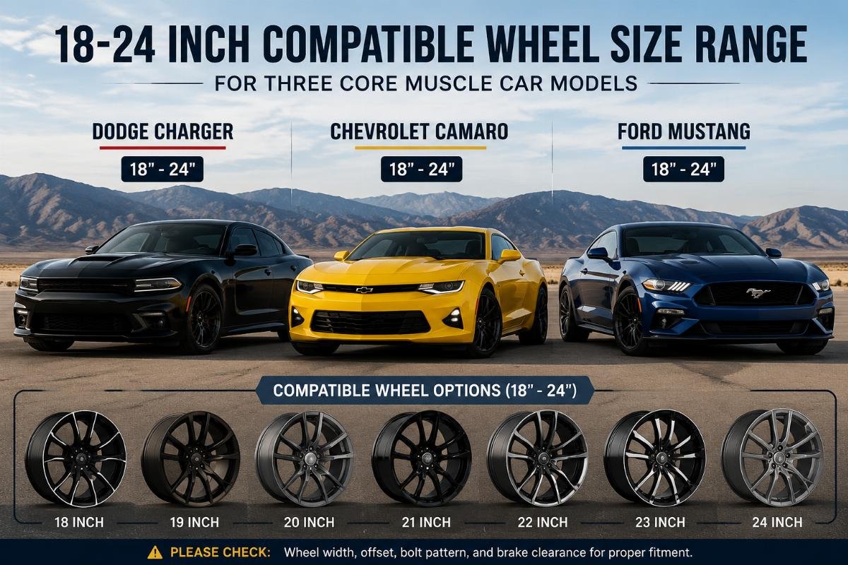 18-24 inch compatible wheel size range for three core muscle car models Three muscle cars (Dodge Charger, Chevrolet Camaro, Ford Mustang) parked side by side with labeled compatible 18-24 inch wheels