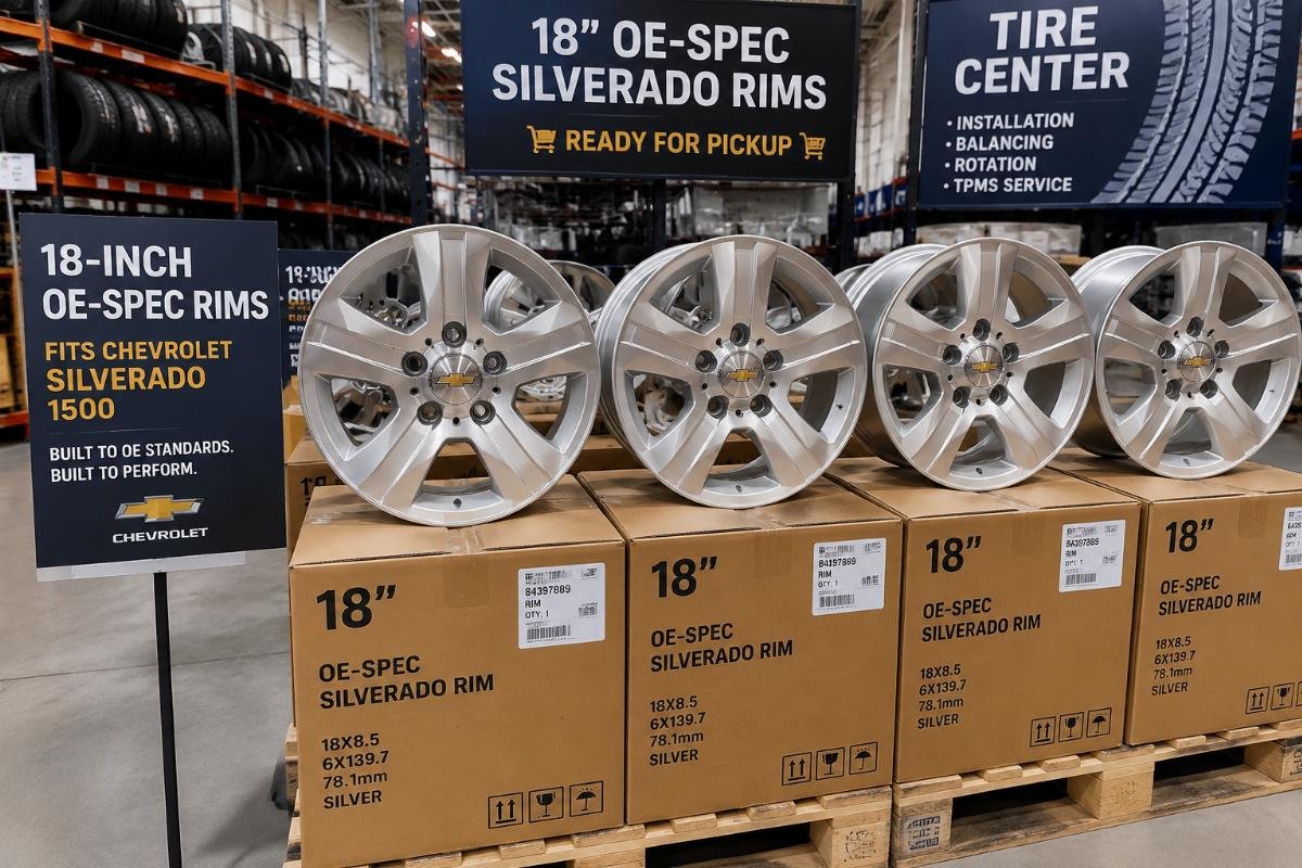 18-inch OE-spec Silverado rims stocked in a retail warehouse ready for customer pickup