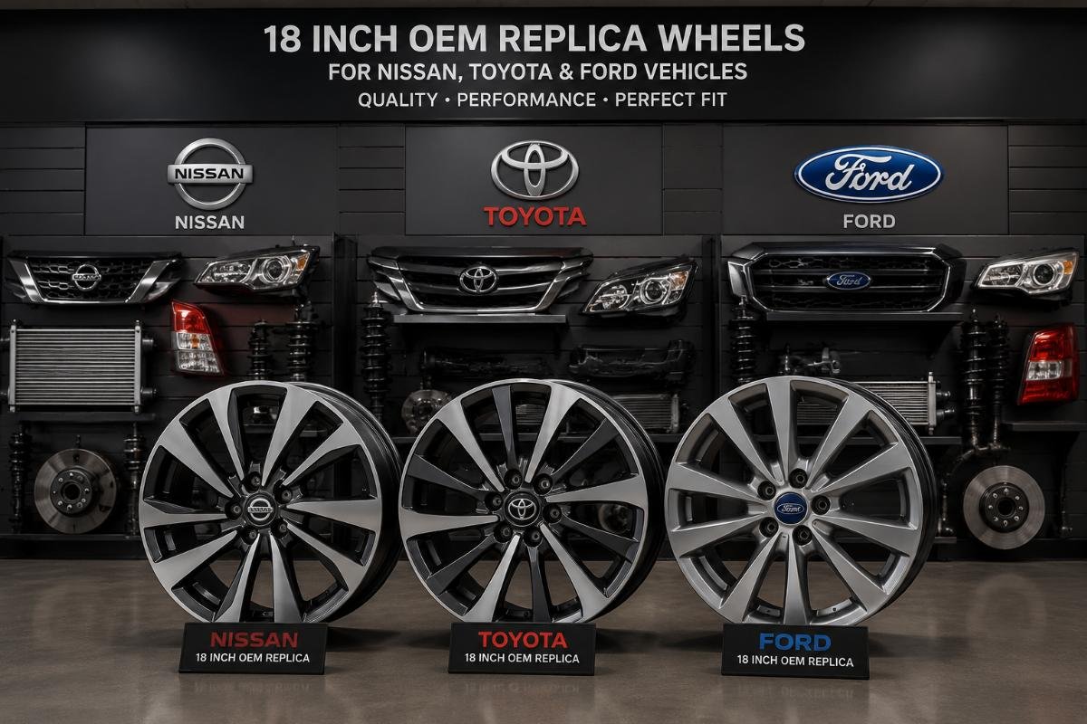 A set of 18 inch OEM replica wheels displayed next to Nissan, Toyota and Ford vehicle parts