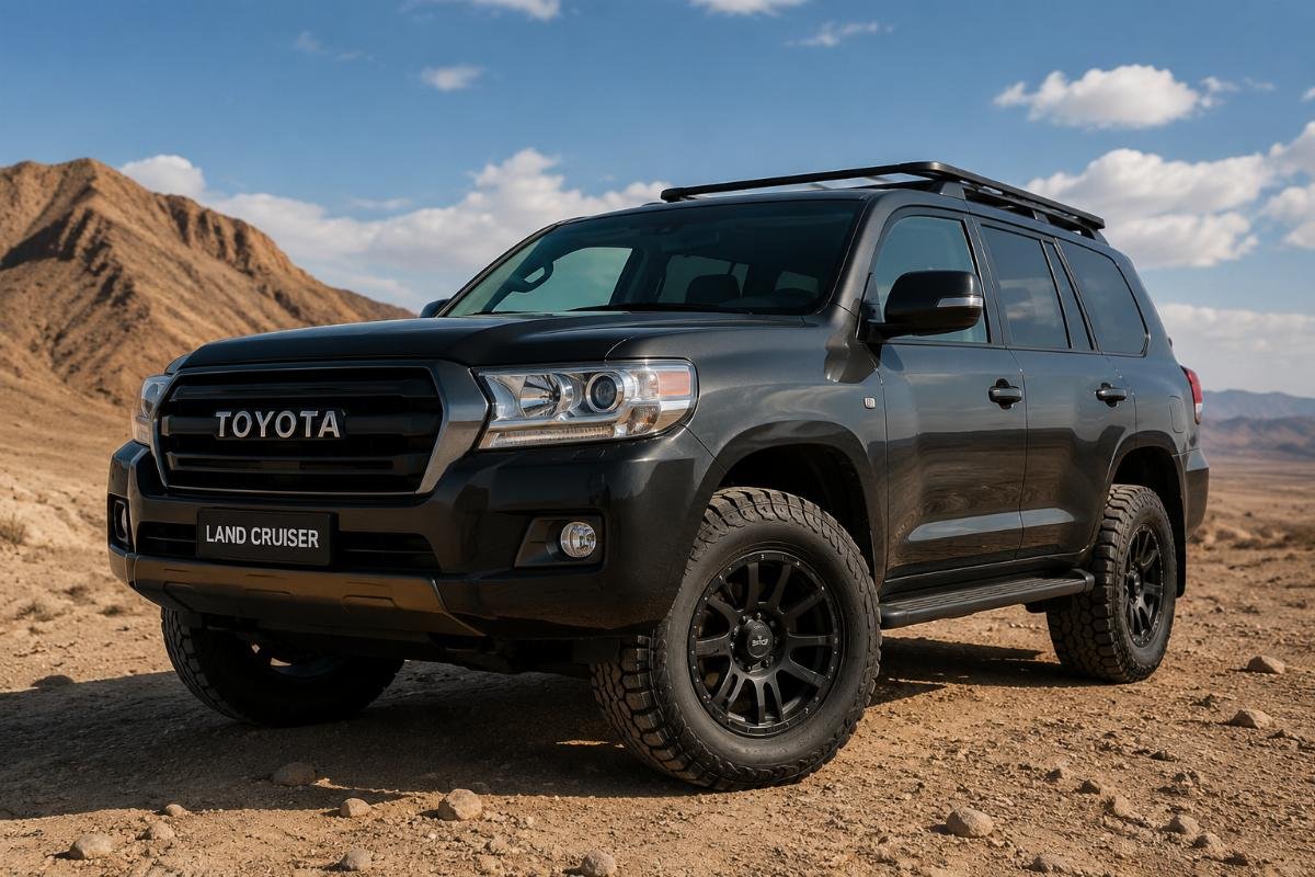 A set of matte black 18-inch off-road wheels mounted on a Toyota Land Cruiser parked on desert terrain
