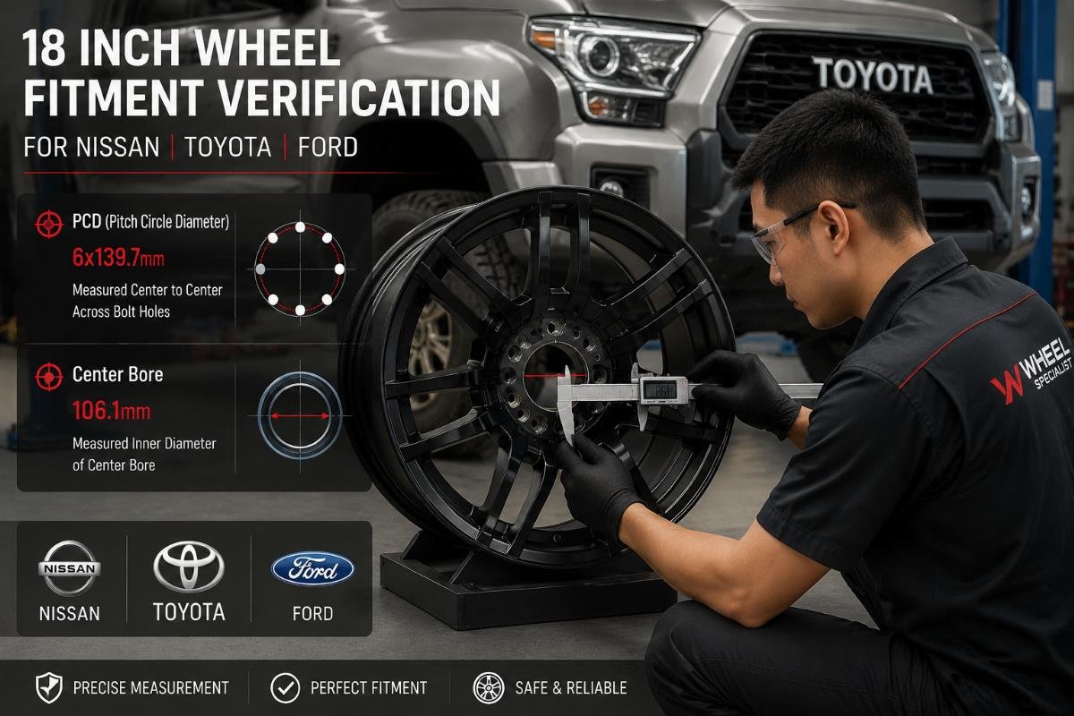 18 inch wheel fitment verification for Nissan Toyota Ford A technician measuring PCD and center bore parameters on an 18 inch wheel next to a Toyota vehicle