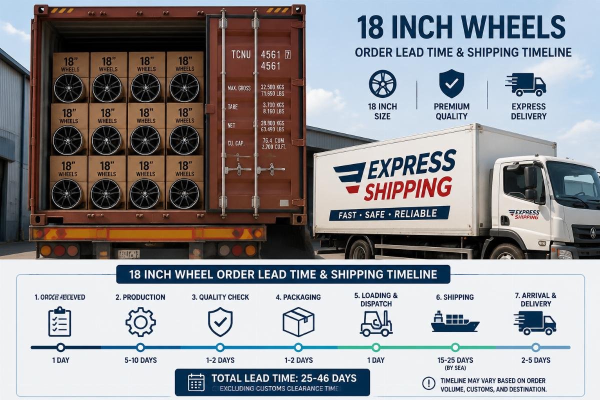 18 inch wheel order lead time and shipping timeline A shipping container loaded with 18 inch wheels and a delivery truck marked with express shipping labels