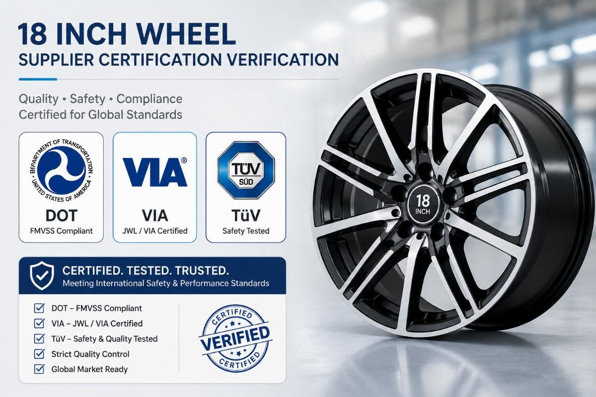 18 inch wheel supplier certification verification Certification badges for DOT, VIA and TüV displayed alongside a set of 18 inch wheels
