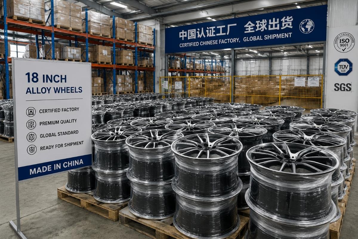 18 inch alloy wheels stacked in a certified Chinese factory warehouse