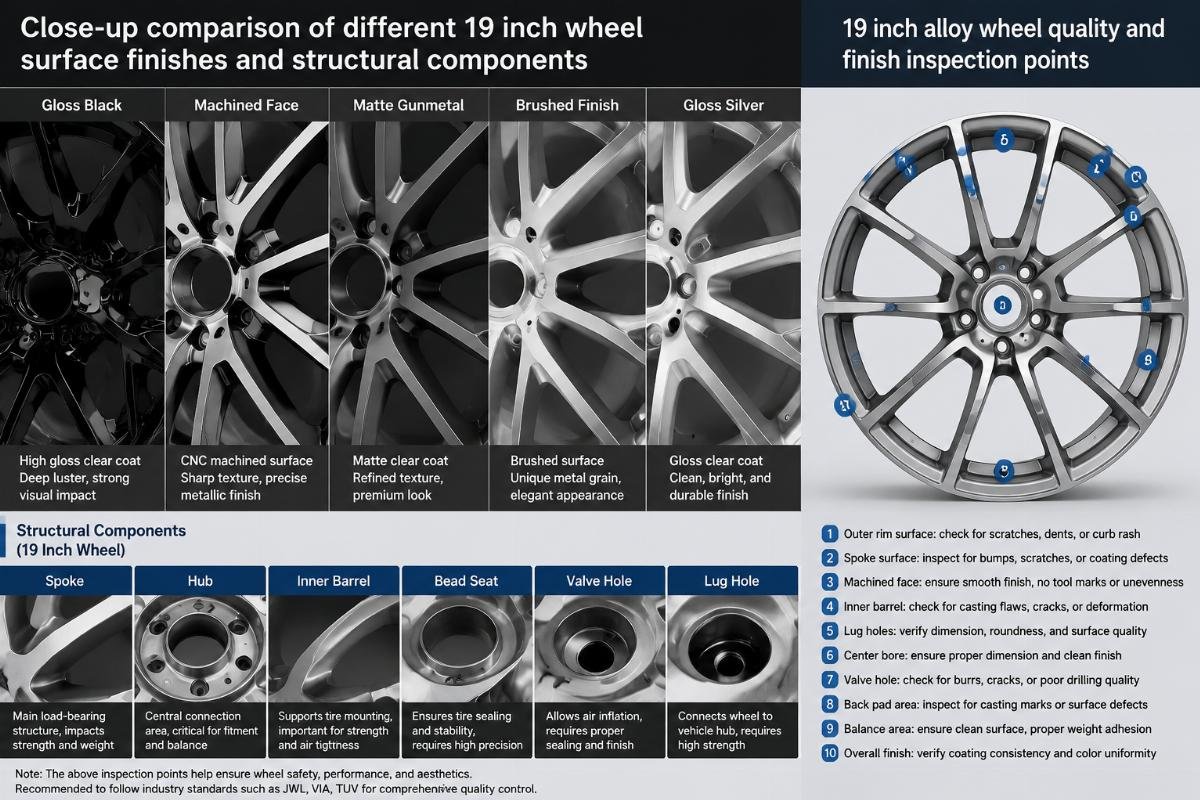 Close-up comparison of different 19 inch wheel surface finishes and structural components