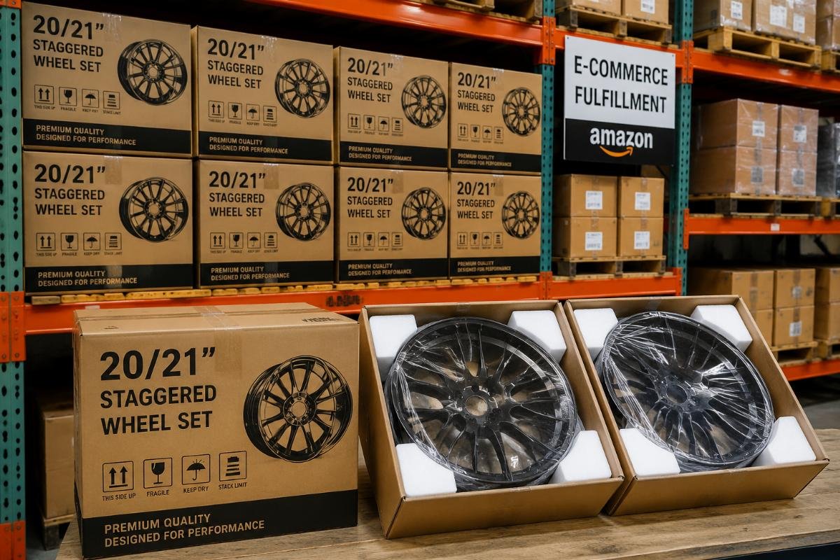 E-commerce warehouse shelf with stacked 20/21 staggered wheel sets in Amazon-ready packaging