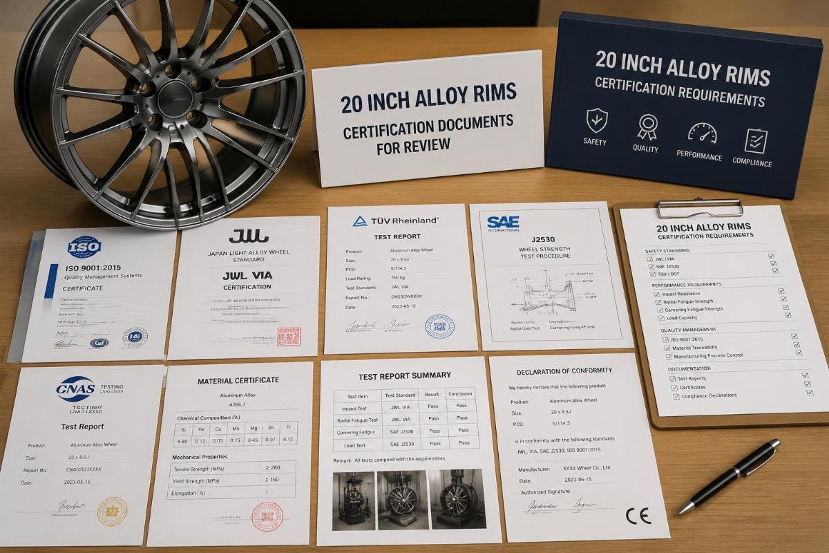 Certification documents for 20 inch alloy rims laid out for review