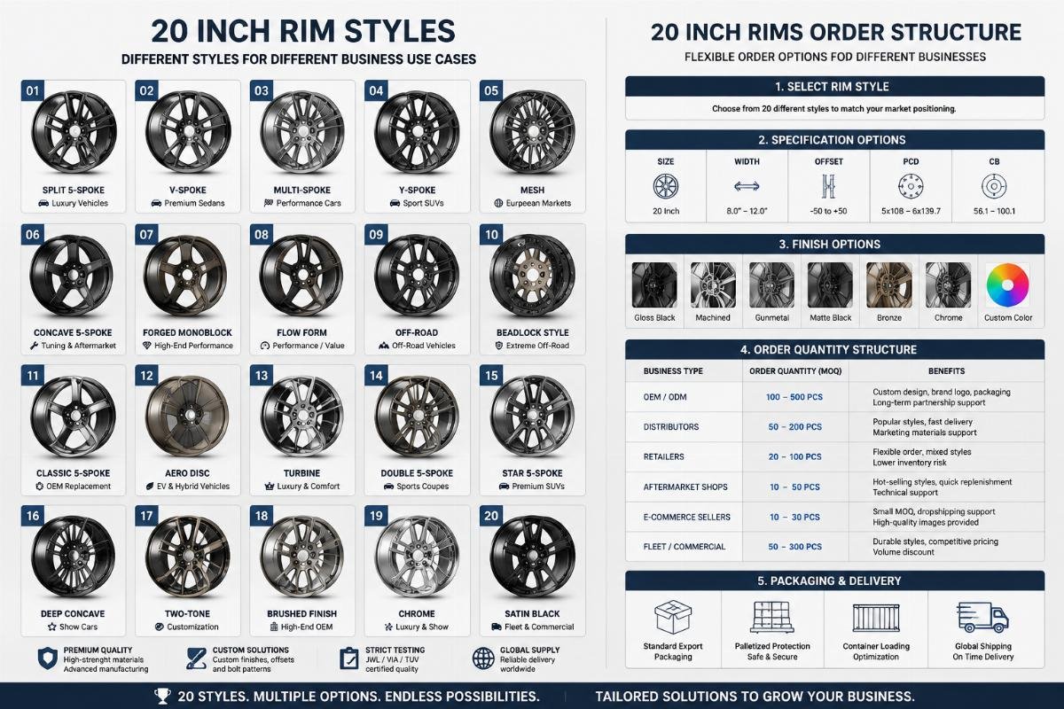 Different 20 inch rim styles displayed for different business use cases