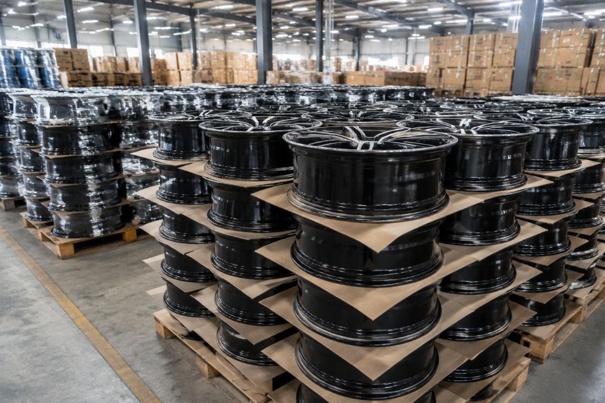20 inch alloy rims stacked in a factory warehouse ready for bulk shipping