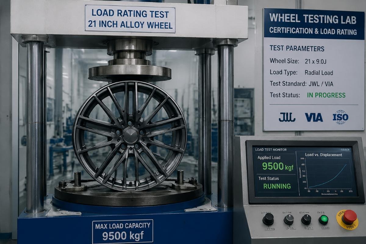 21 inch alloy wheel certification and load rating testing 21 inch alloy wheel load rating test being conducted in a certified testing lab