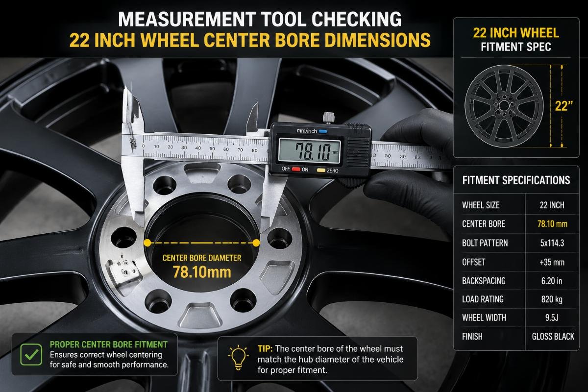 Measurement tool checking 22 inch wheel center bore dimensions