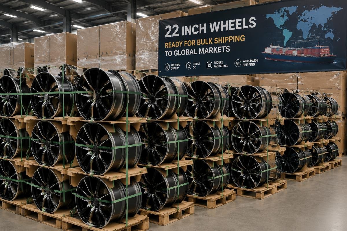 Stacked 22 inch wheels in a shipping warehouse