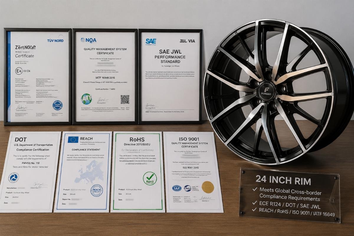 24 inch rims cross-border compliance requirements Certification documents laid out alongside a finished 24-inch rim