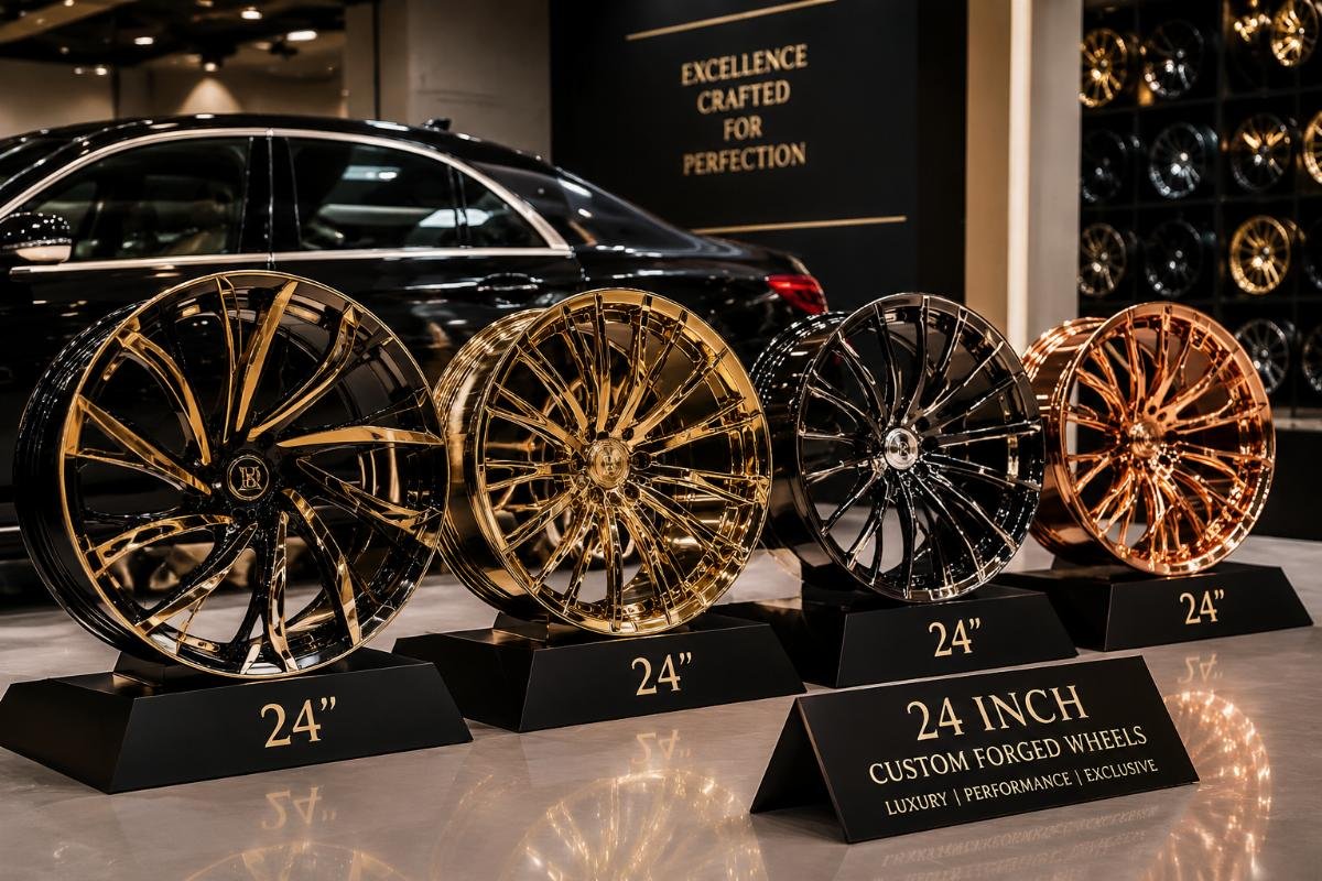 Finished 24-inch custom rims arranged for a luxury show car display