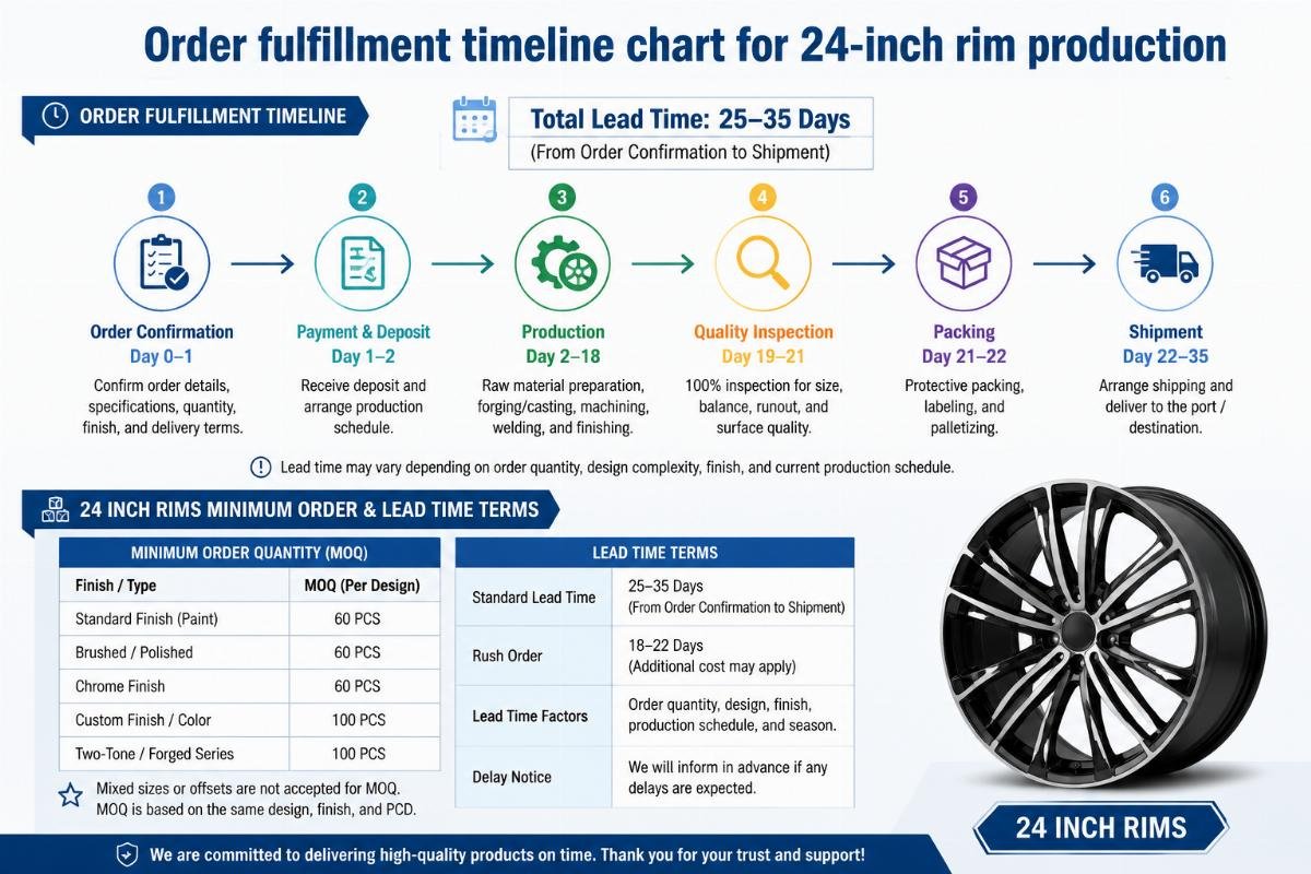 24 inch rims minimum order and lead time terms Order fulfillment timeline chart for 24-inch rim production