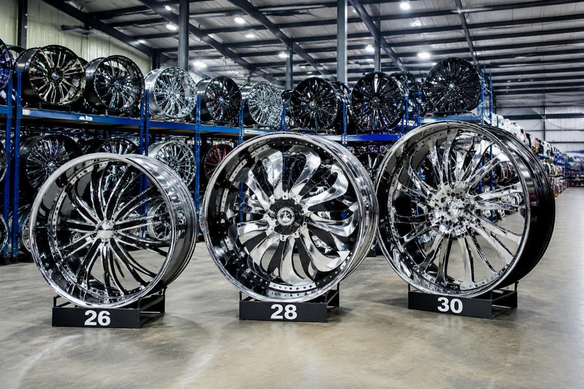 26 28 30 inch large diameter show wheels stock 26 28 30 inch extreme show wheels displayed in factory warehouse