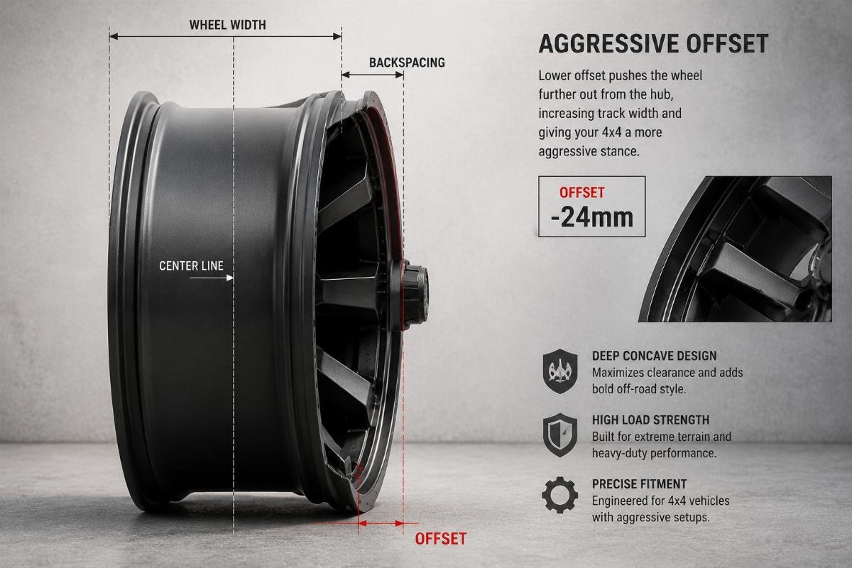 A side profile view of a deep concave aggressive offset off-road wheel showing clear offset measurement