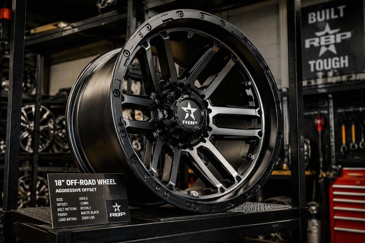 A set of 18-inch off-road pickup wheels with aggressive offset displayed on a workshop shelf