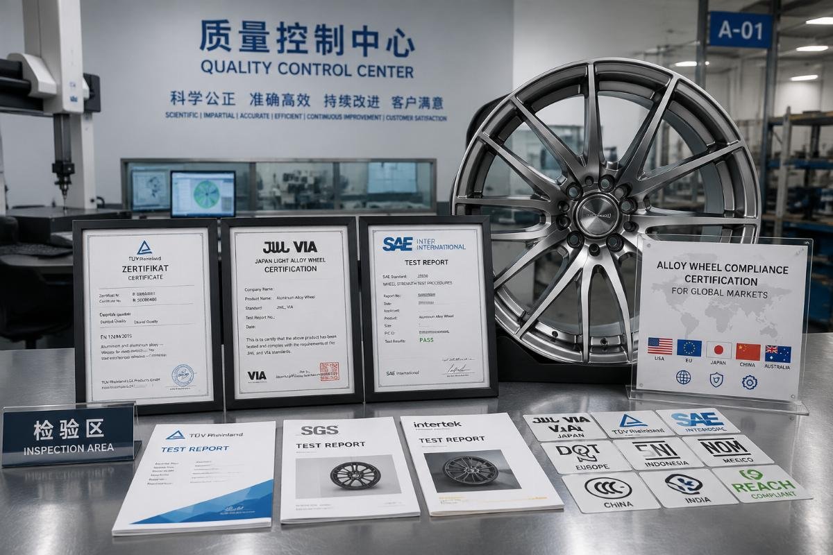 Certification labels and test reports for alloy wheels displayed on a factory quality control desk