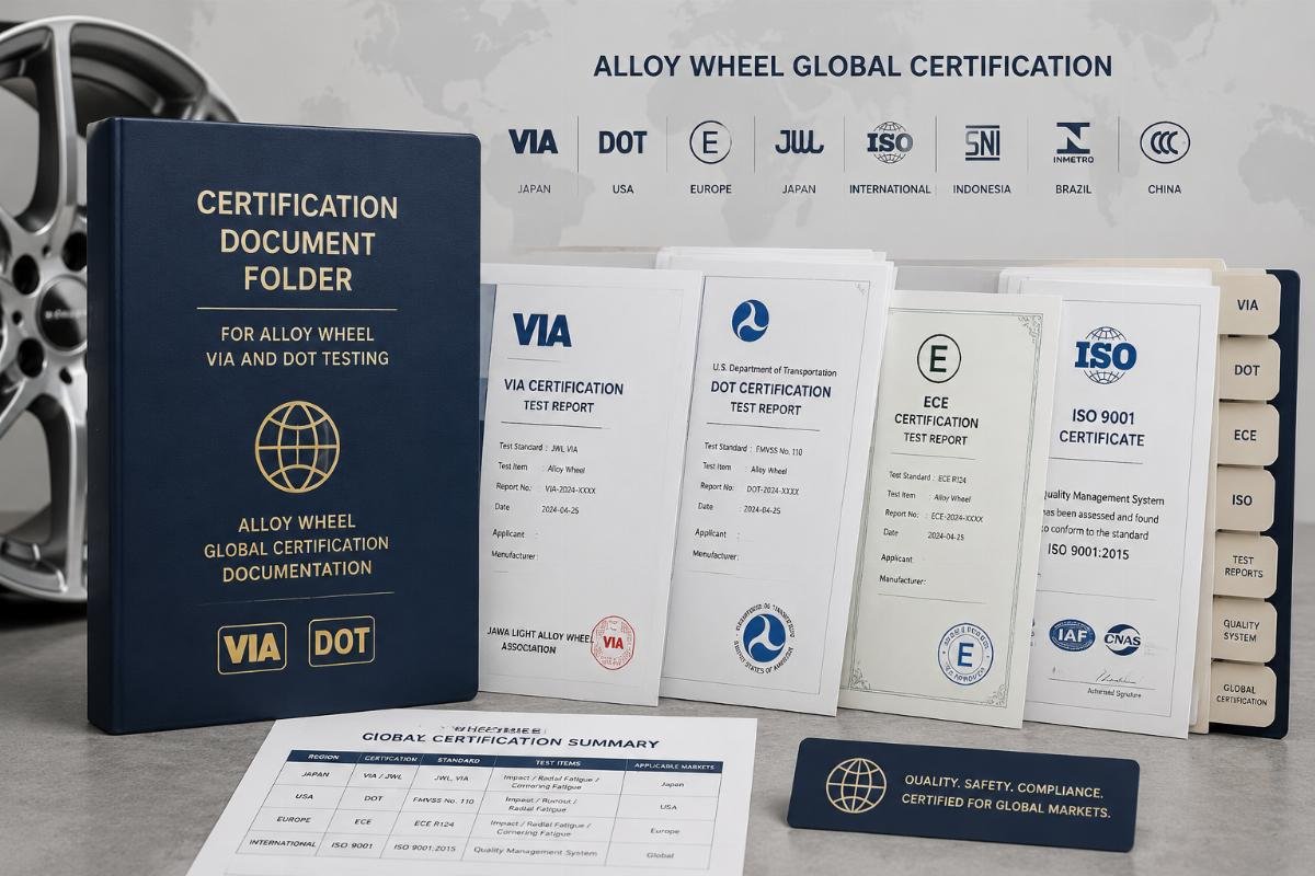 Certification document folder for alloy wheel VIA and DOT testing