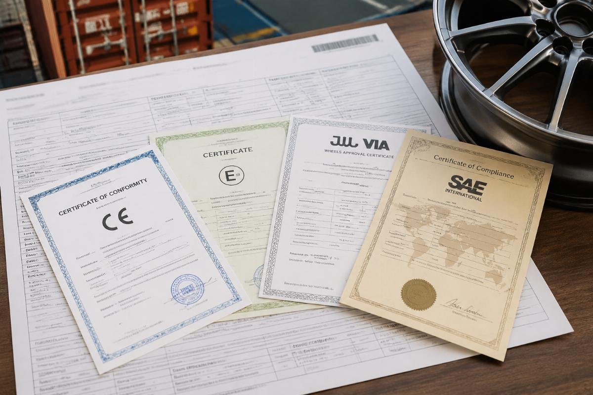 alloy wheel import certification requirements by region Certification document stack for alloy wheel imports laid out on a shipping manifest